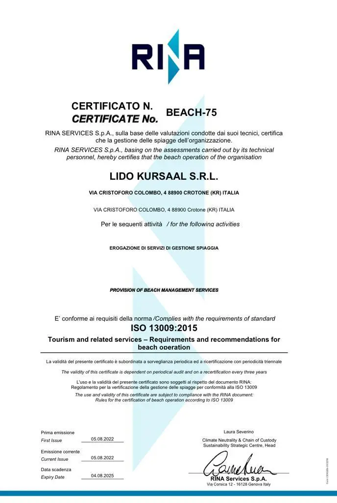 Certificato ISO 13009 by Lido Kursaal Crotone